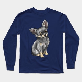 Long Haired Chihuahua | Blue and Tan | Cute Dog Art Long Sleeve T-Shirt